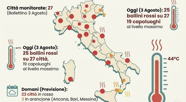 Caldo record, lunedì 3 agosto bollino rosso in 25 città